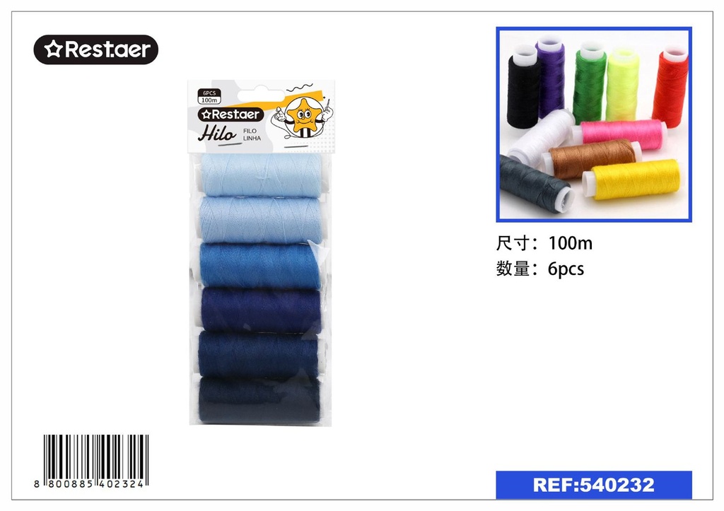 Hilo de costura degradado azul 6pcs 100m para pespuntes