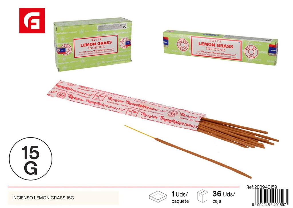 Incienso de lemon grass 15g para aromatizar el hogar