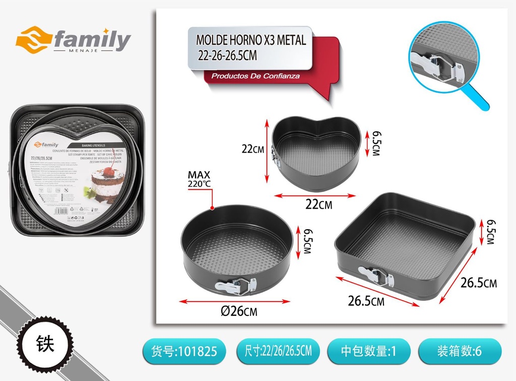 Molde para horno x3 26-25-22cm - Utensilios de cocina