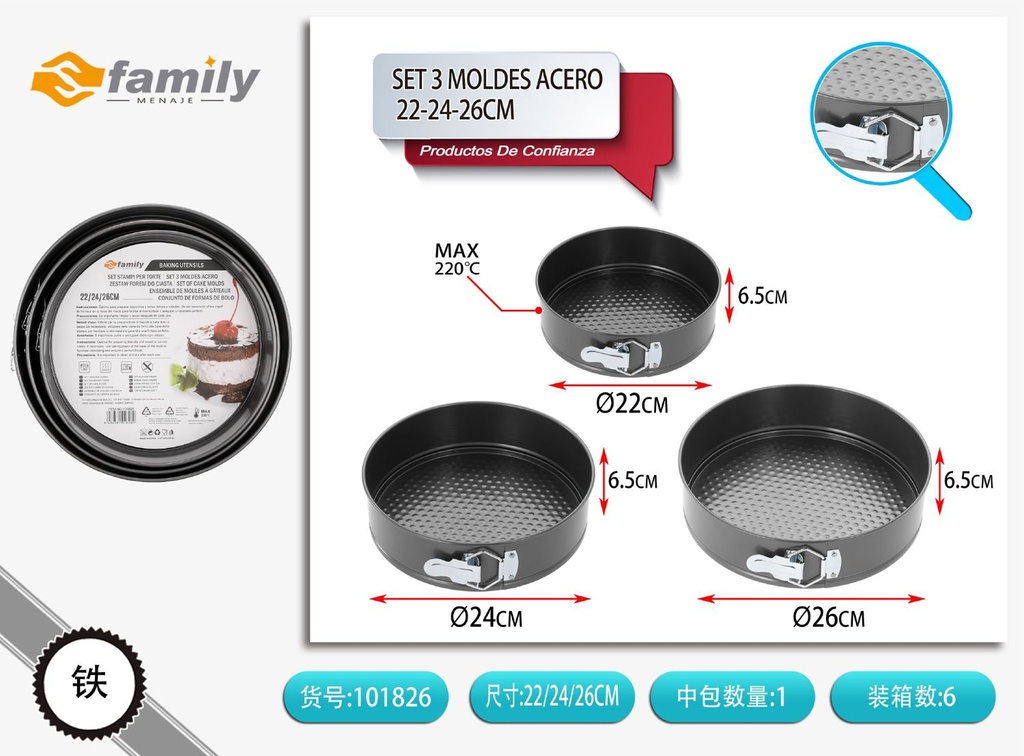 Set de 3 moldes de acero 26-25-22.5cm - Utensilios de cocina