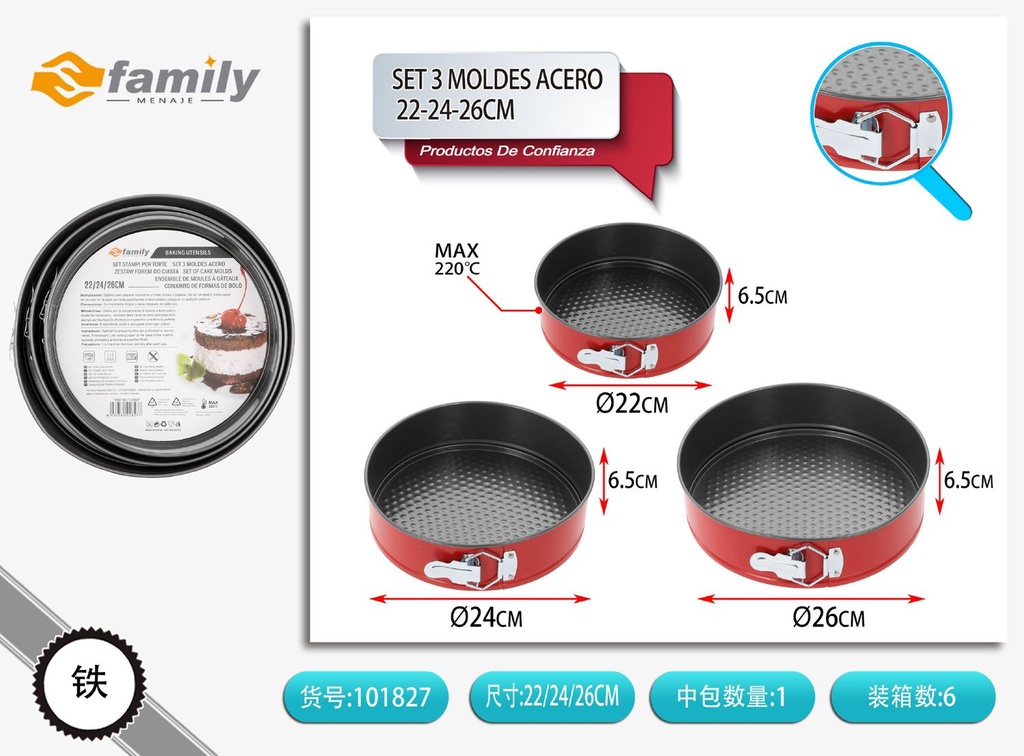 Set de 3 moldes de acero 26-25-22.5cm - Utensilios de cocina