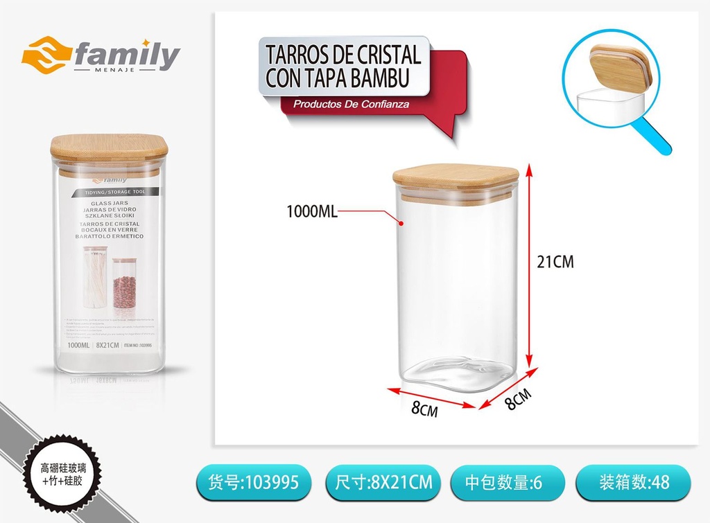 Tarros de cristal con tapa de bambú 8*21 cm 1000 ml - Almacenamiento de cocina