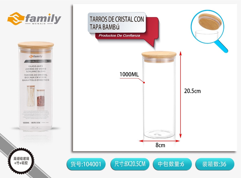 Tarros de vidrio con tapa de bambú 85*210 mm 1000 ml - Organizadores de cocina