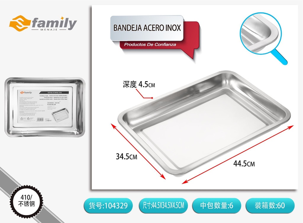 Bandeja de acero inoxidable con borde magnético 45*35*4.8cm - Utensilios de cocina y bandejas
