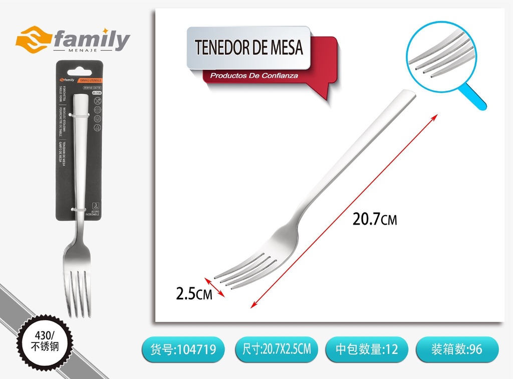Tenedor de mesa de mango cuadrado 3 piezas - Cuchillería y utensilios de mesa