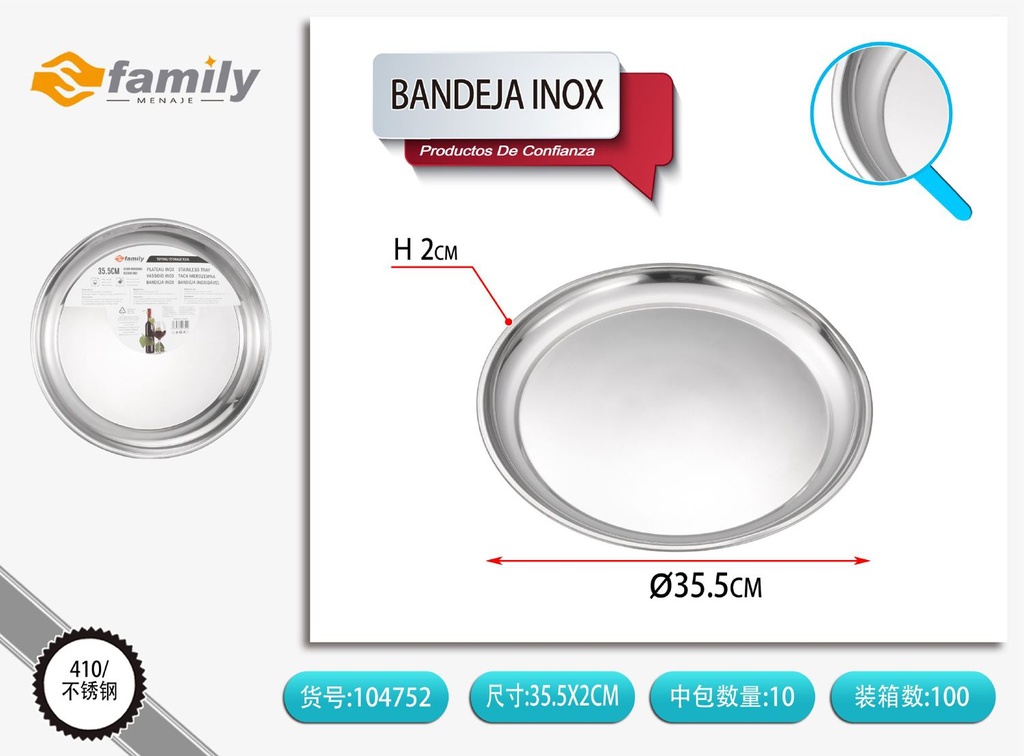 Bandeja inox 35.5cm para servir