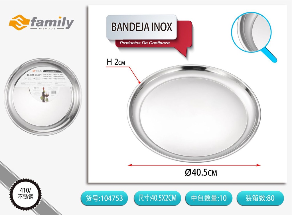 Bandeja de acero inoxidable 40.5cm para servir y presentar