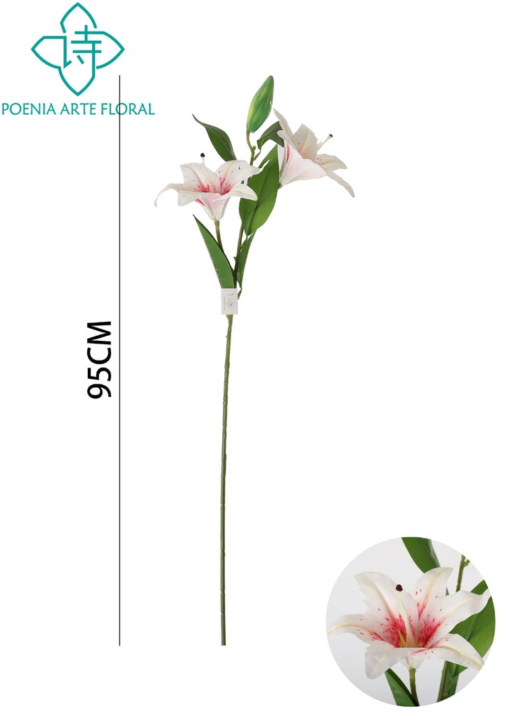 Rama de lirio 3D 3 cabezas 95cm blanco con centro rosa para decoración