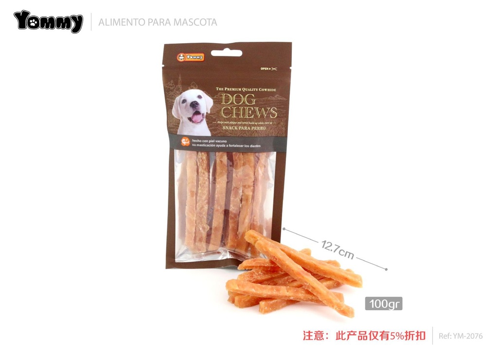 Snack para mascotas con tiras de pollo duro 12.7cm, 100g