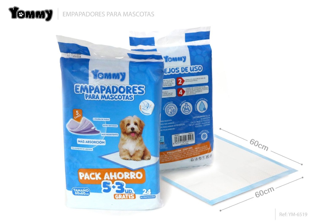 Empapadores para mascotas 60x60cm 5 piezas + 3 - Asesorios para mascotas