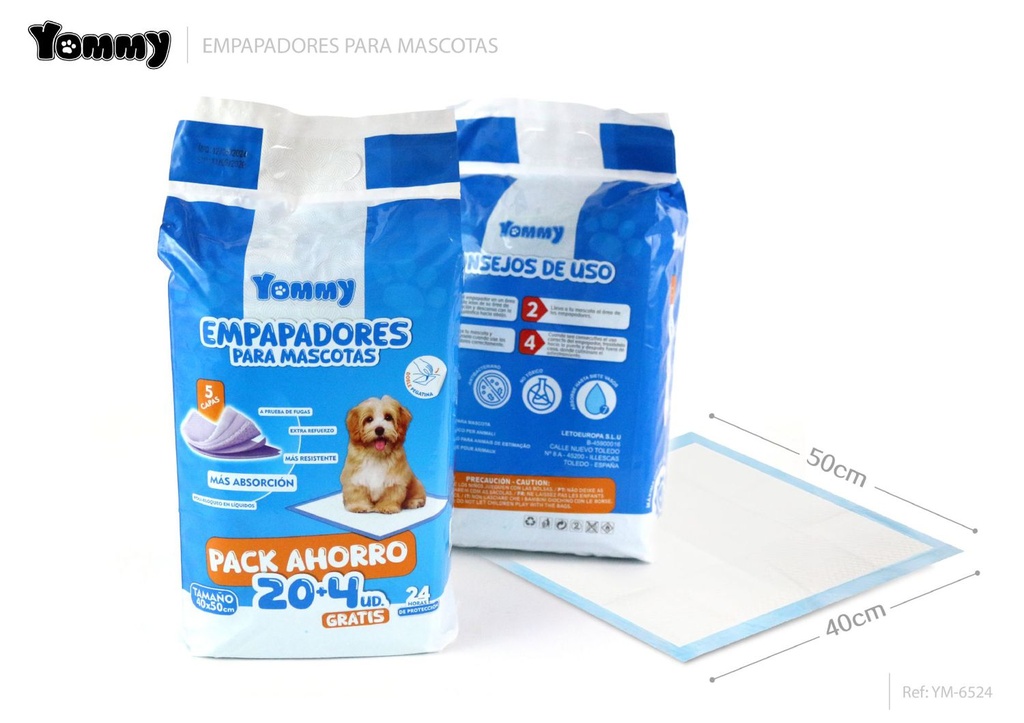 EMPAPADORES PARA MASCOTAS 40x50cm Pack 20+4 Ud Súper Absorbentes - Higiene Mascota