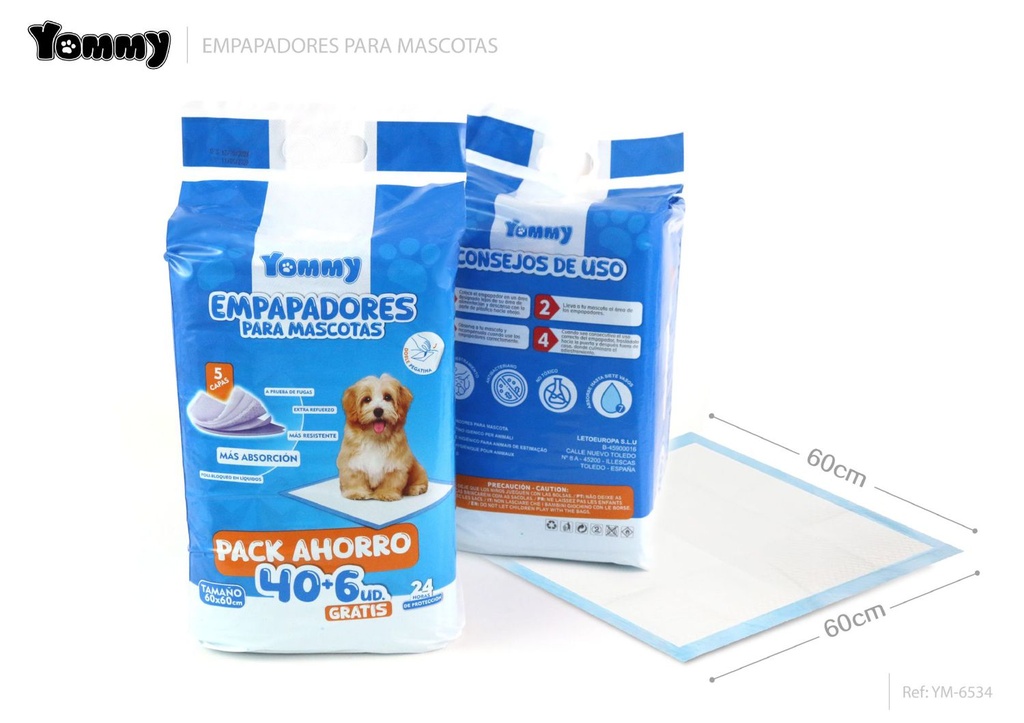 Empapadores para mascotas 60x60cm 40pcs+6pcs absorbentes