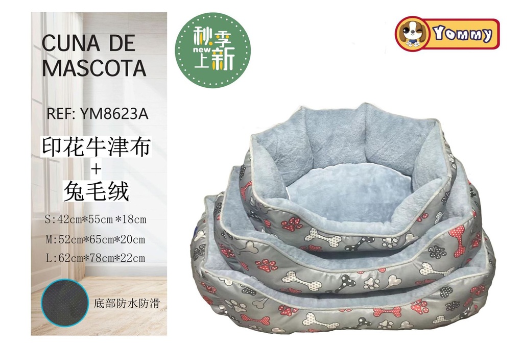 Cuna para perro de tela Oxford con hueso gris