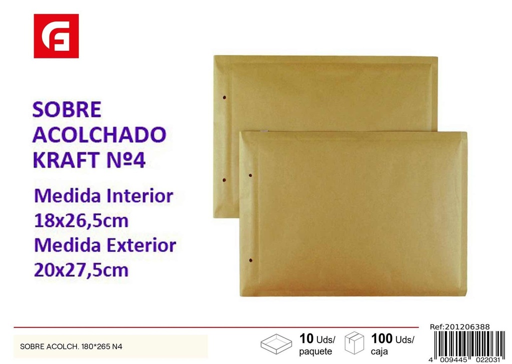 Sobre acolchado 180x265 mm (Tamaño N°4) - Material de oficina y correspondencia