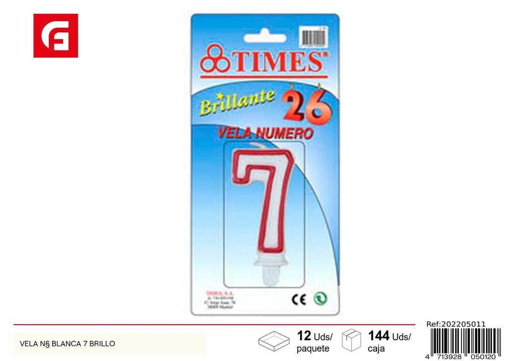 Vela nº blanca 7 brillante - Velas de cumpleaños