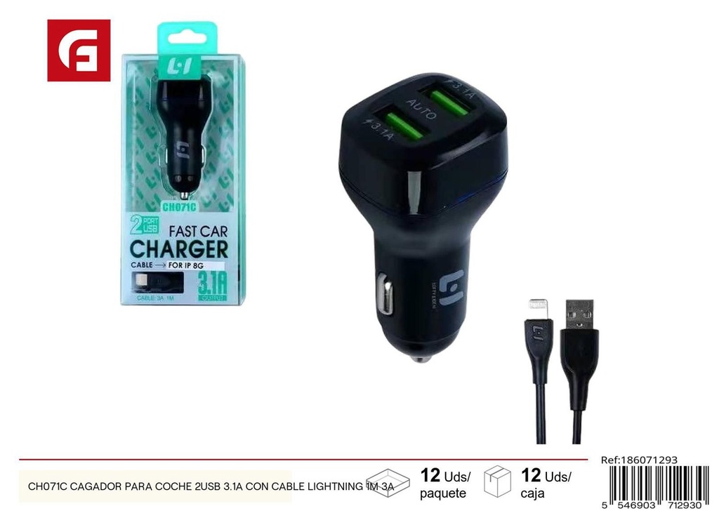 Cargador para coche 2USB 3.1A con cable Lightning 1m 3A para dispositivos electrónicos