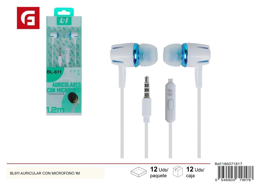 Auricular con micrófono 1m BL611 para dispositivos electrónicos