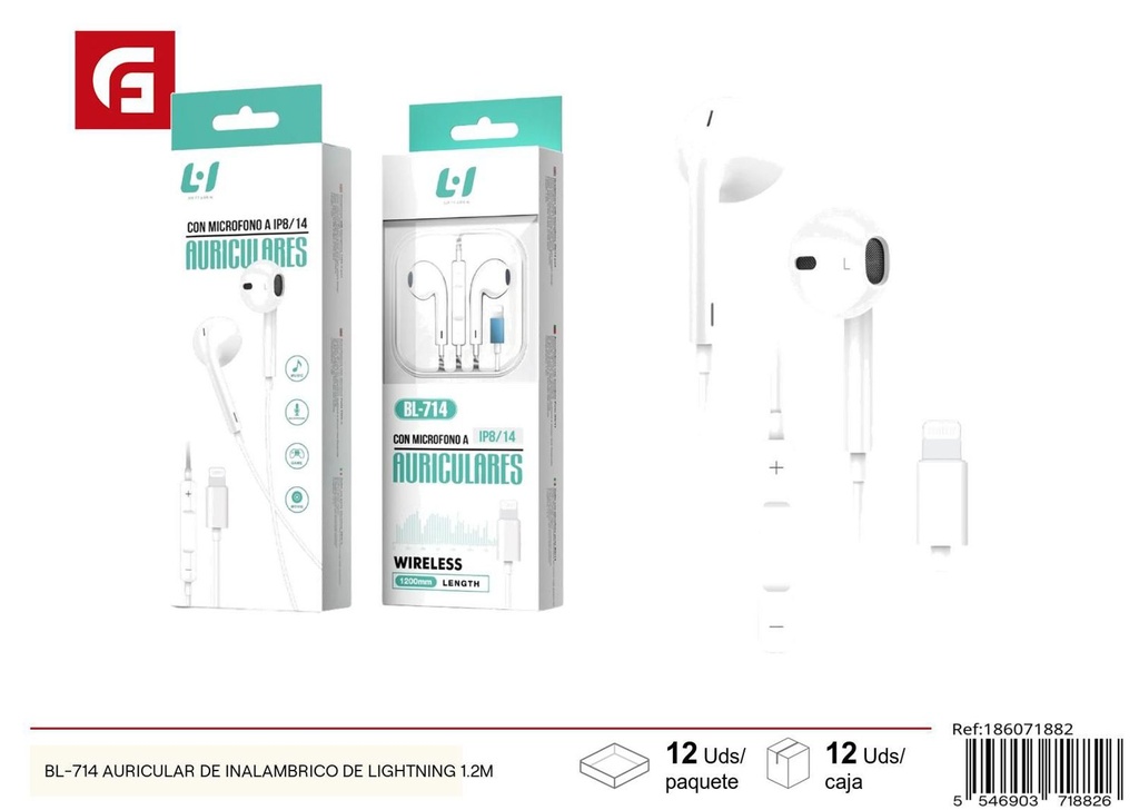 Auricular inalámbrico de Lightning 1.2m para audio portátil