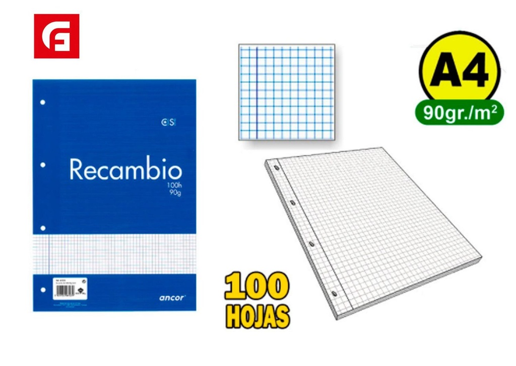  Folio de repuesto en cuadrícula tamaño A4 de 100 hojas - Material escolar