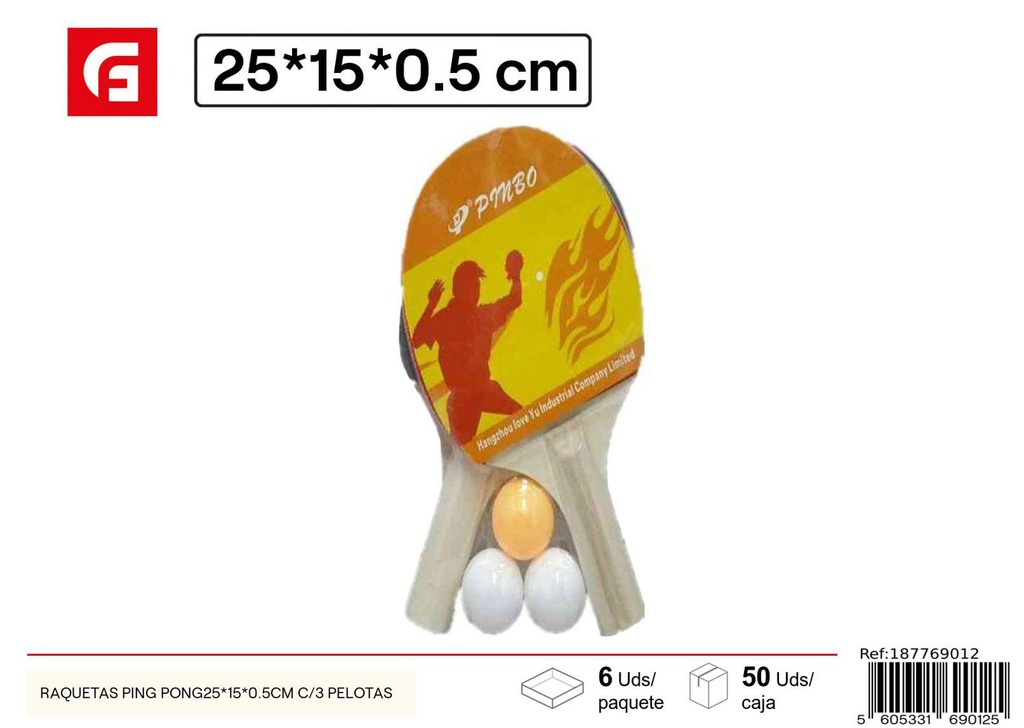 Raquetas de ping pong 25x15x0.5cm con 3 pelotas para juego