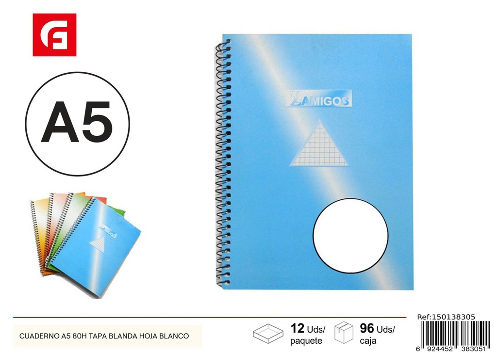 Cuaderno A5 80H tapa blanda hoja blanca - Papelería