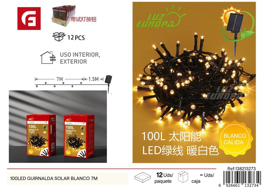 Guirnalda LED solar 100 LED de 7m, blanca - Decoración navideña