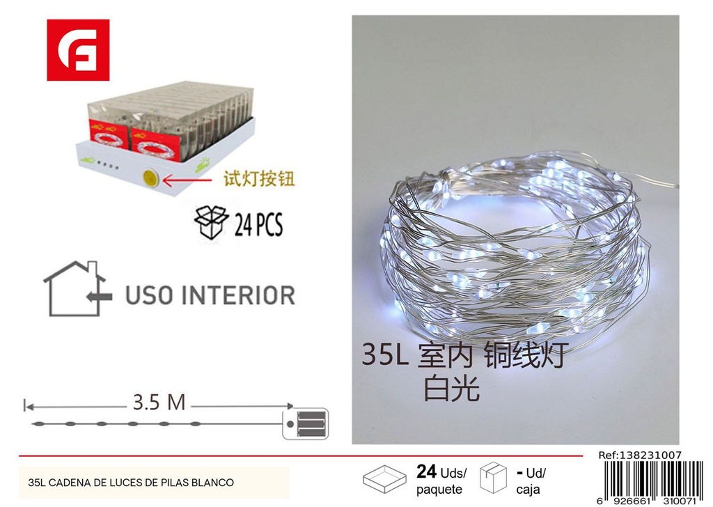 Cadena de luces de pilas blanco cálido 35L para decoración navideña