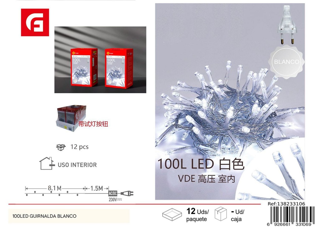 Guirnalda de luces LED blancas 100L transparente para decoración navideña