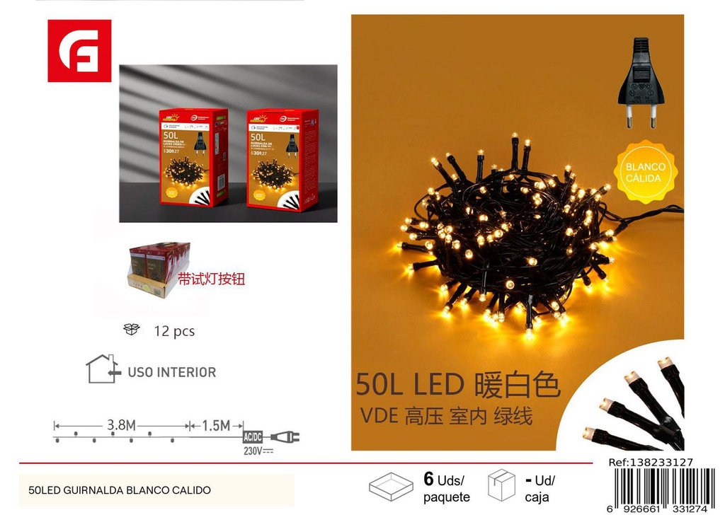 Guirnalda de luces LED blanco cálido 50L para decoración navideña