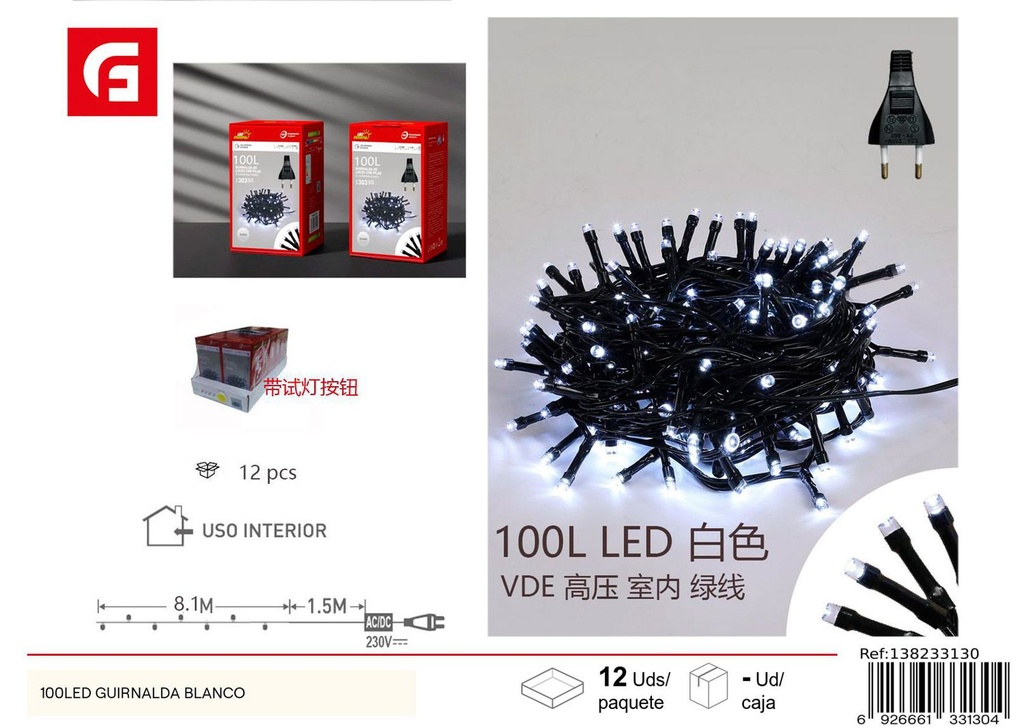 Guirnalda LED 100L blanca - Luces decorativas navideñas