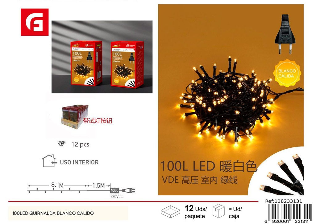 Guirnalda LED 100L blanco cálido - Luces cálidas decorativas navideñas