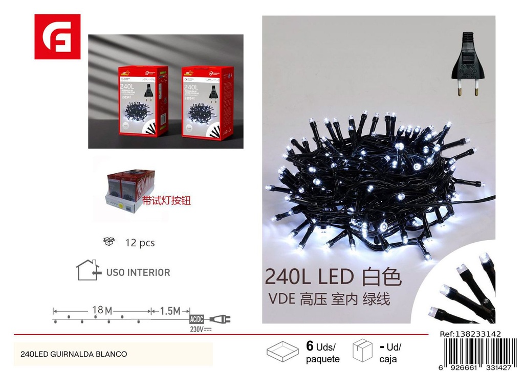 Guirnalda LED 240L a baja tensión, blanca con cable verde - Decoración navideña