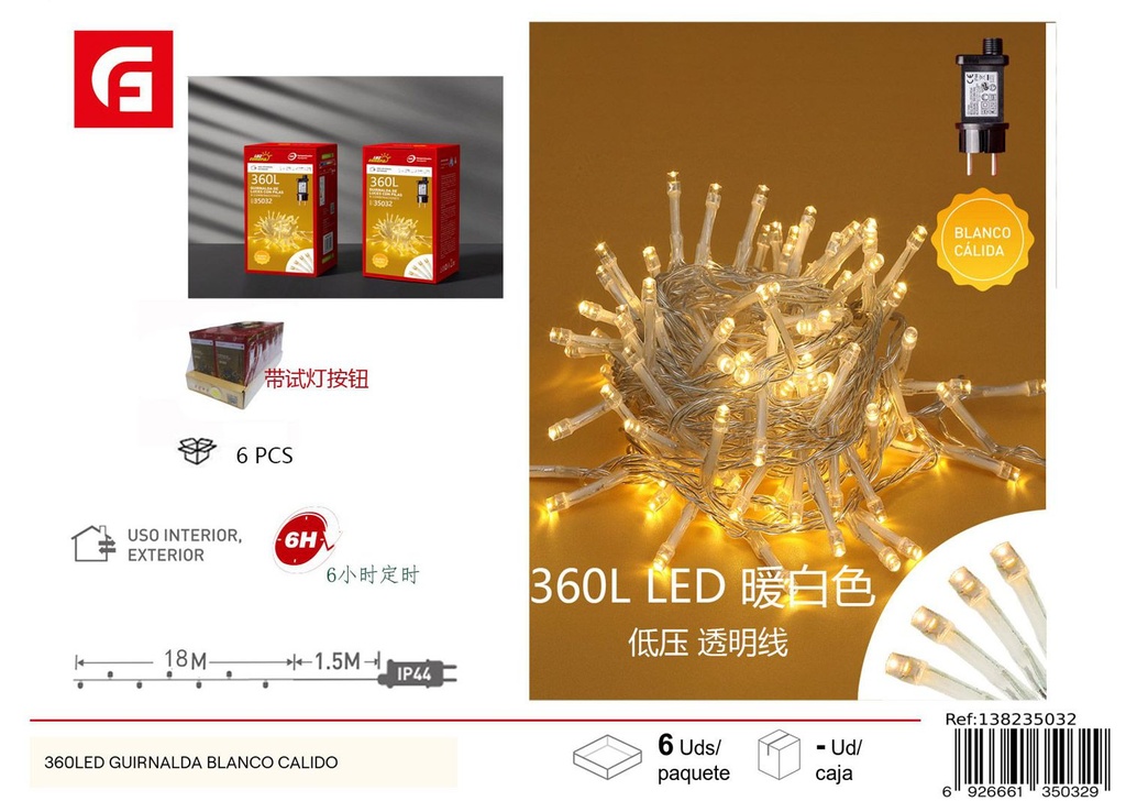 Guirnalda LED blanco cálido 360L para decoración navideña