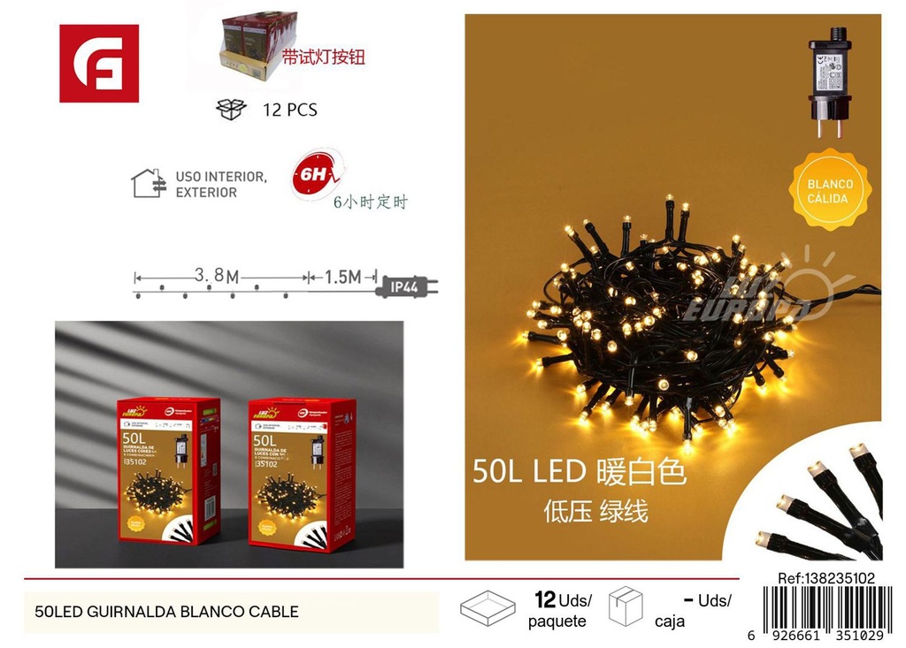 Guirnalda LED 50L blanco cable - Luces navideñas decorativas