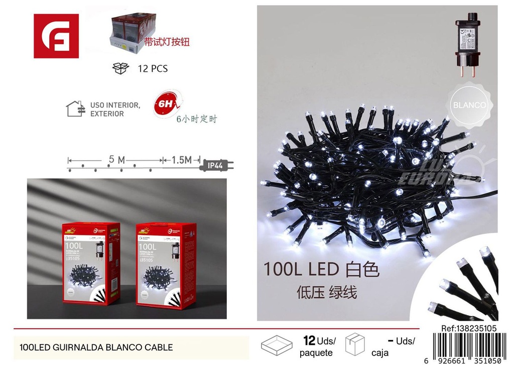 Guirnalda blanco cable 100LED para decoración navideña