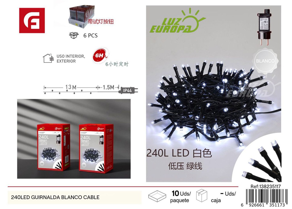 Guirnalda de luces LED blanco cálido 240L para decoración navideña