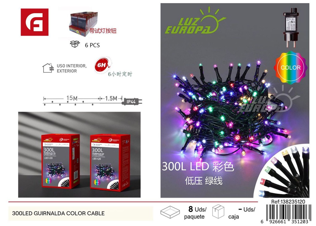 Guirnalda LED 3000L cable transparente luz cálida para decoraciones navideñas