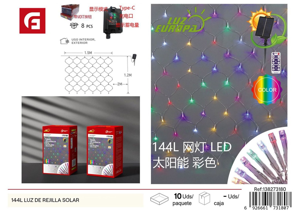 Luz de rejilla solar 144L amarilla para iluminación exterior