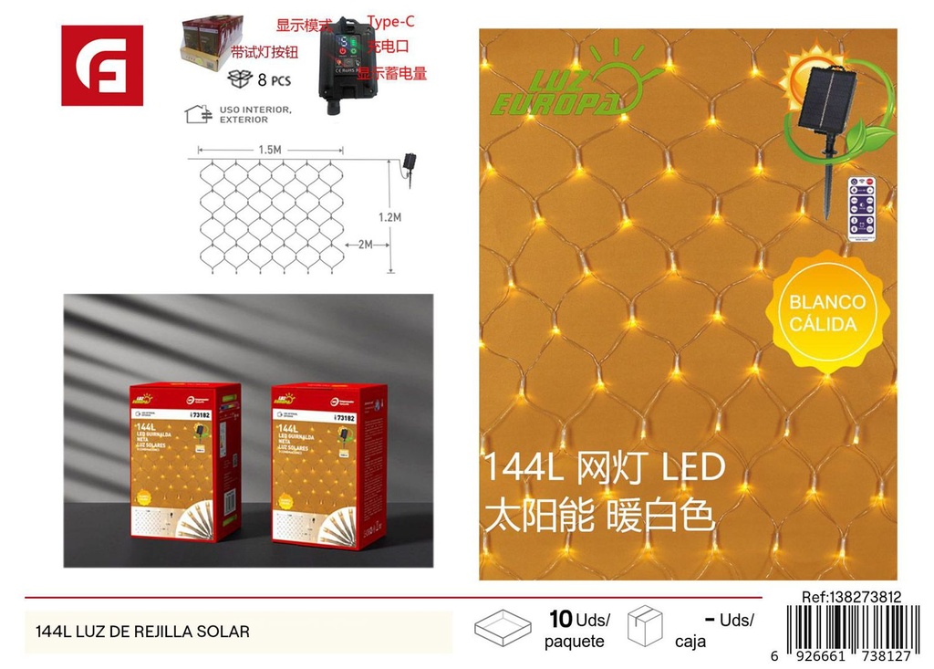 Luz de rejilla solar 144L amarillo para exteriores y jardines