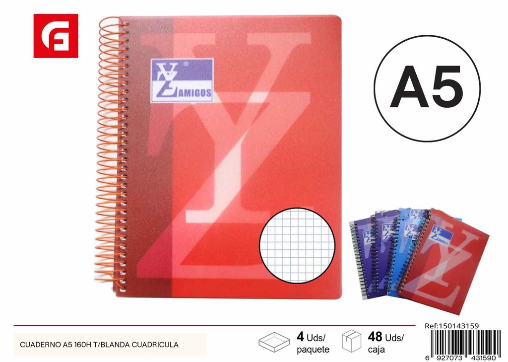 Cuaderno A5 160 hojas tapa blanda con cuadrícula - Material escolar