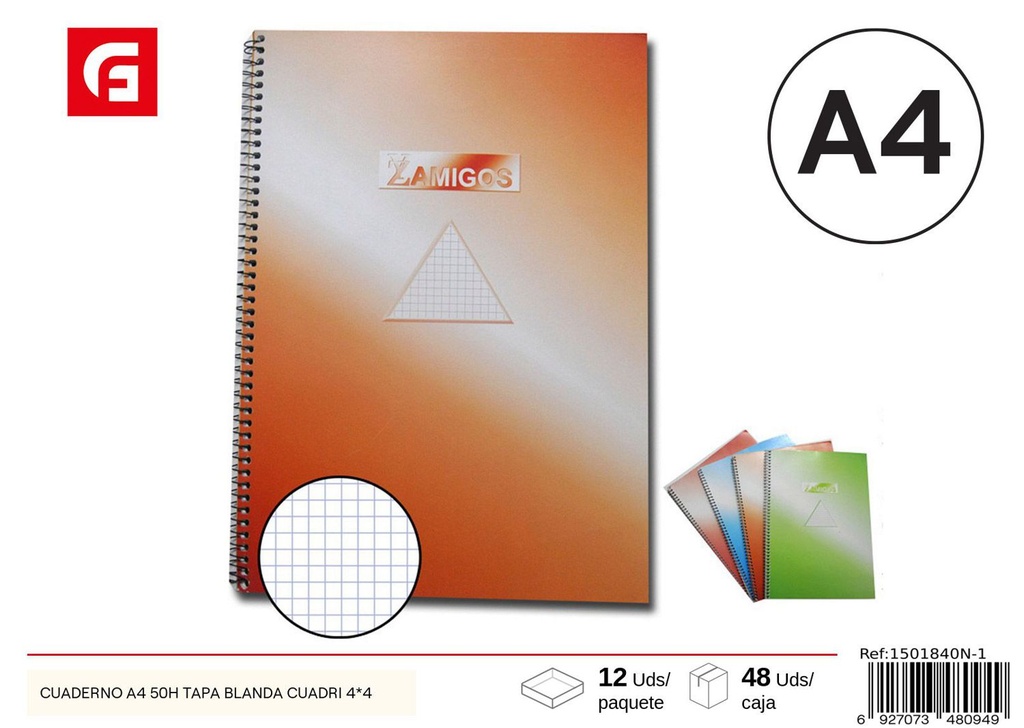 Cuaderno A4 50 hojas cuadradas 4*4 - Papelería