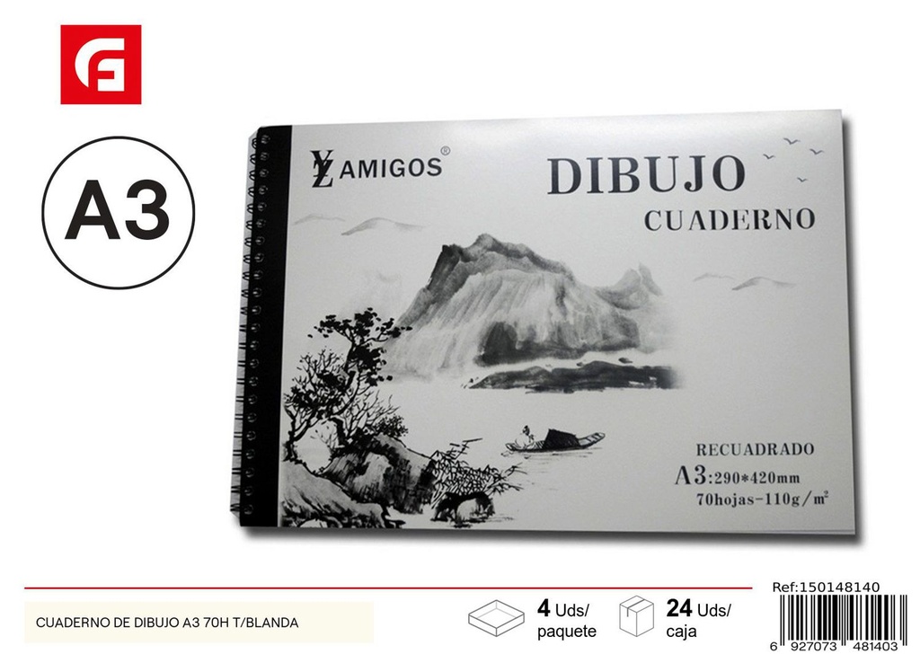 Cuaderno de dibujo A3 70H tapa blanda - Material escolar