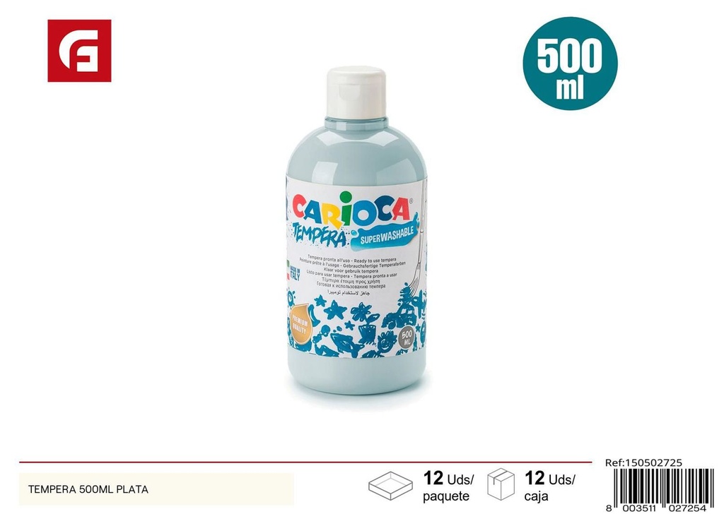 Pintura tempera 500ml plata - Material escolar