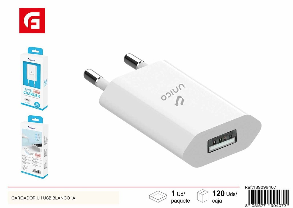 Cargador USB blanco 1A para dispositivos electrónicos