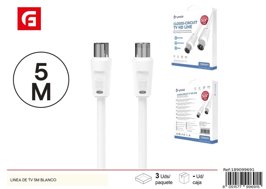 Línea de TV blanca 5 m - Conectores HDMI y de TV