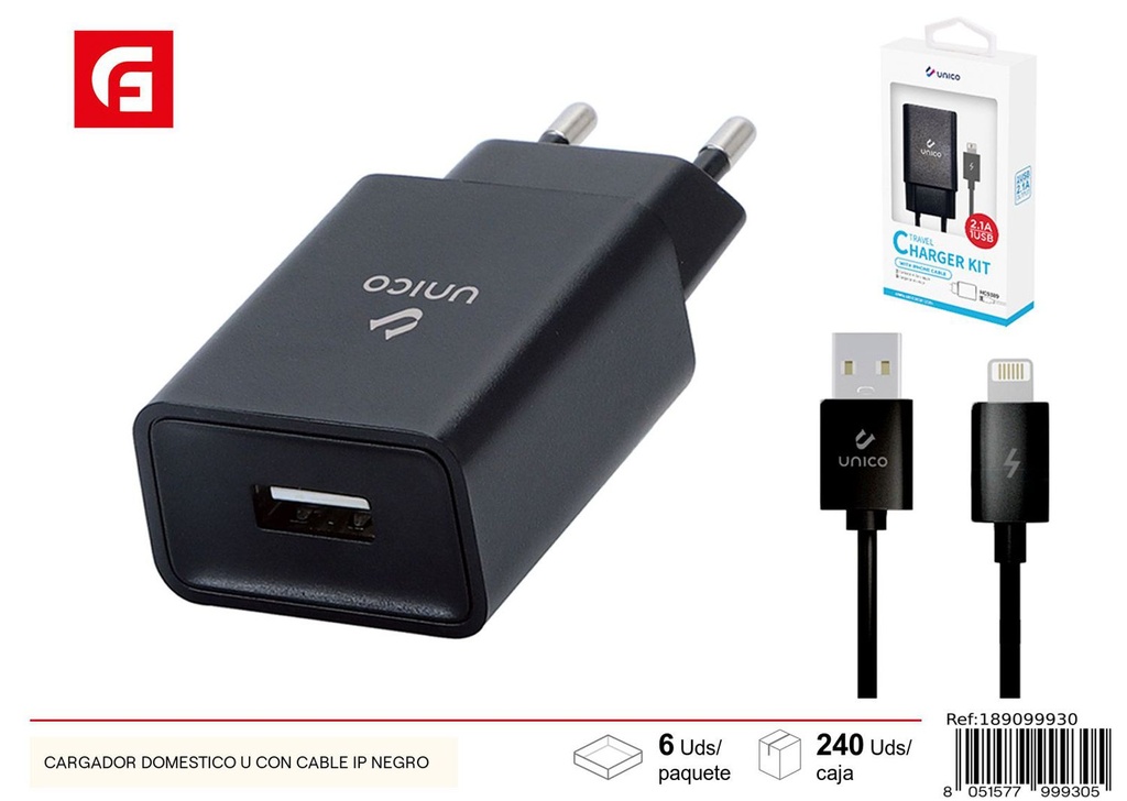 Cargador doméstico USB con cable IP negro