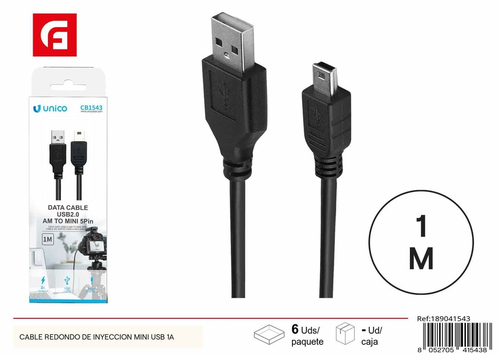 Cable redondo de inyección mini USB 1A para carga rápida