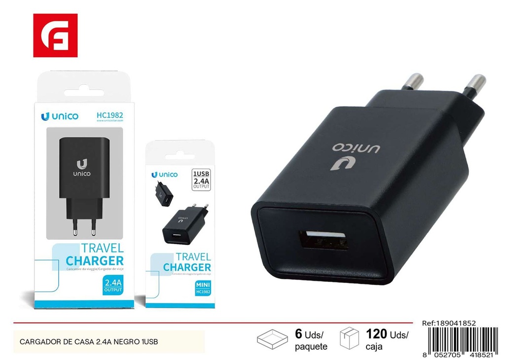 Cargador de casa 2.4A negro con 1 USB