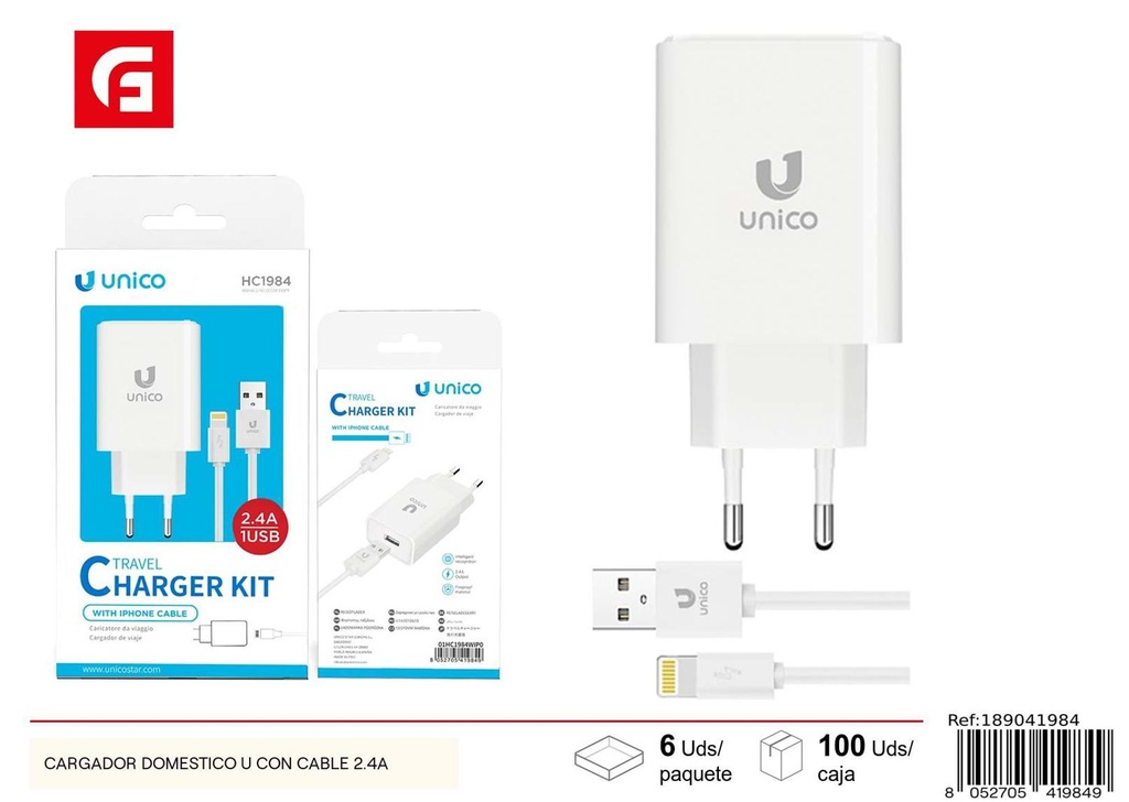 Cargador doméstico con cable de 2.4A para dispositivos