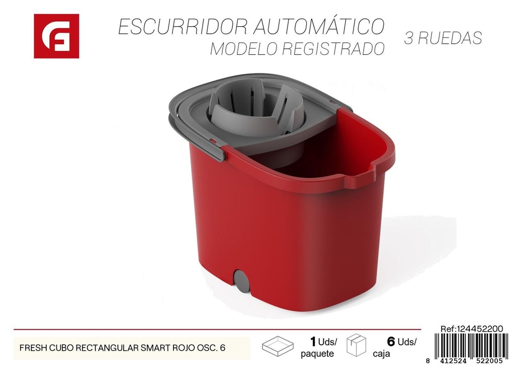 Cubo rectangular Fresh Smart rojo oscuro 6 para fregona